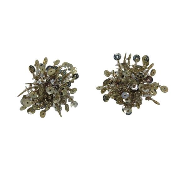 Vintage Cluster-Style Silver Sequin & Beaded Earrings | 2.25" Statement Design - Picture 2 of 4